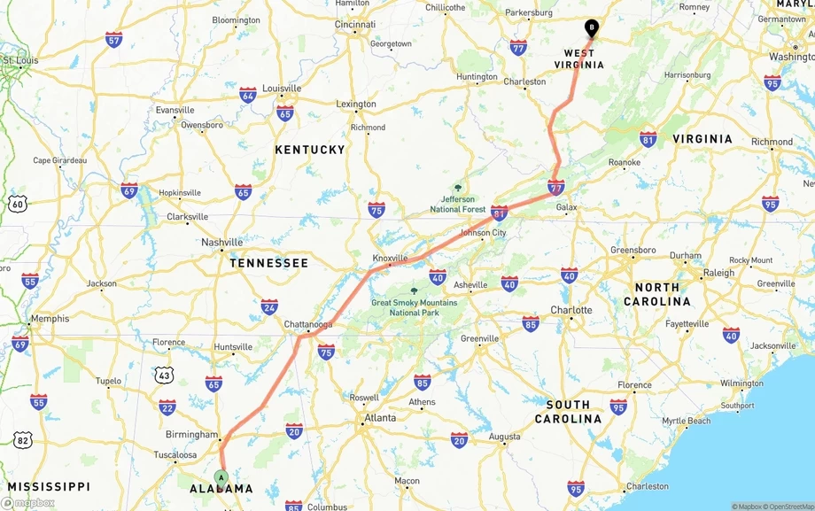 Alabama to West Virginia freight shipping route map
