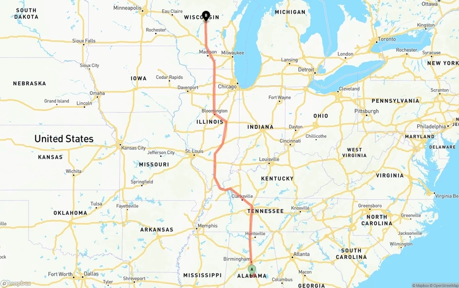 Alabama to Wisconsin freight shipping route map