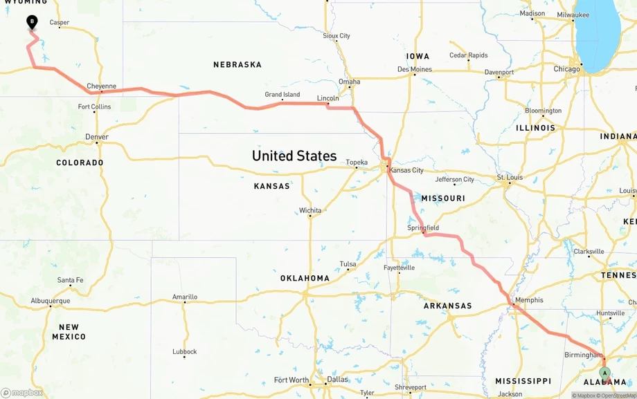 Alabama to Wyoming freight shipping route map