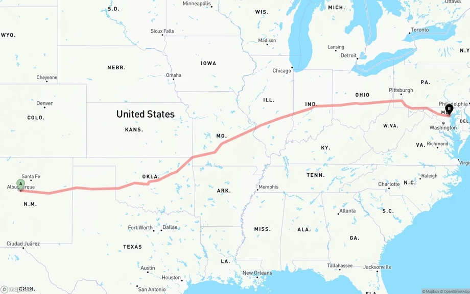 Albuquerque to Baltimore freight shipping route map