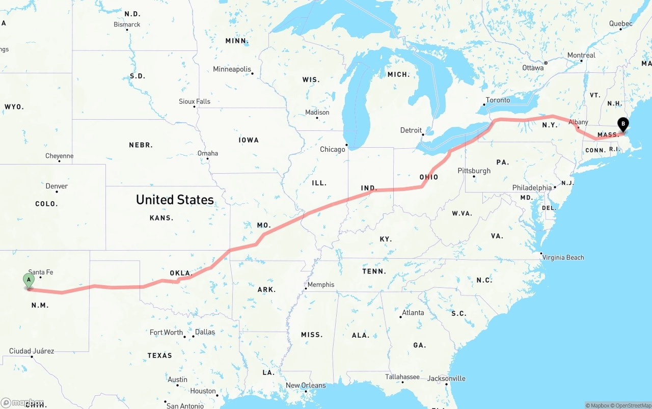 Shipping route from Albuquerque to Boston