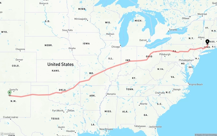 Albuquerque to Bradley International Airport freight shipping route map