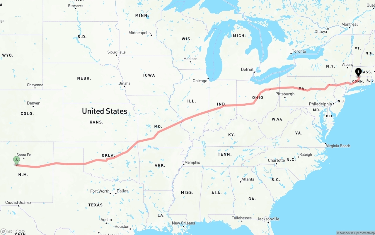 Shipping route from Albuquerque to Bradley International Airport