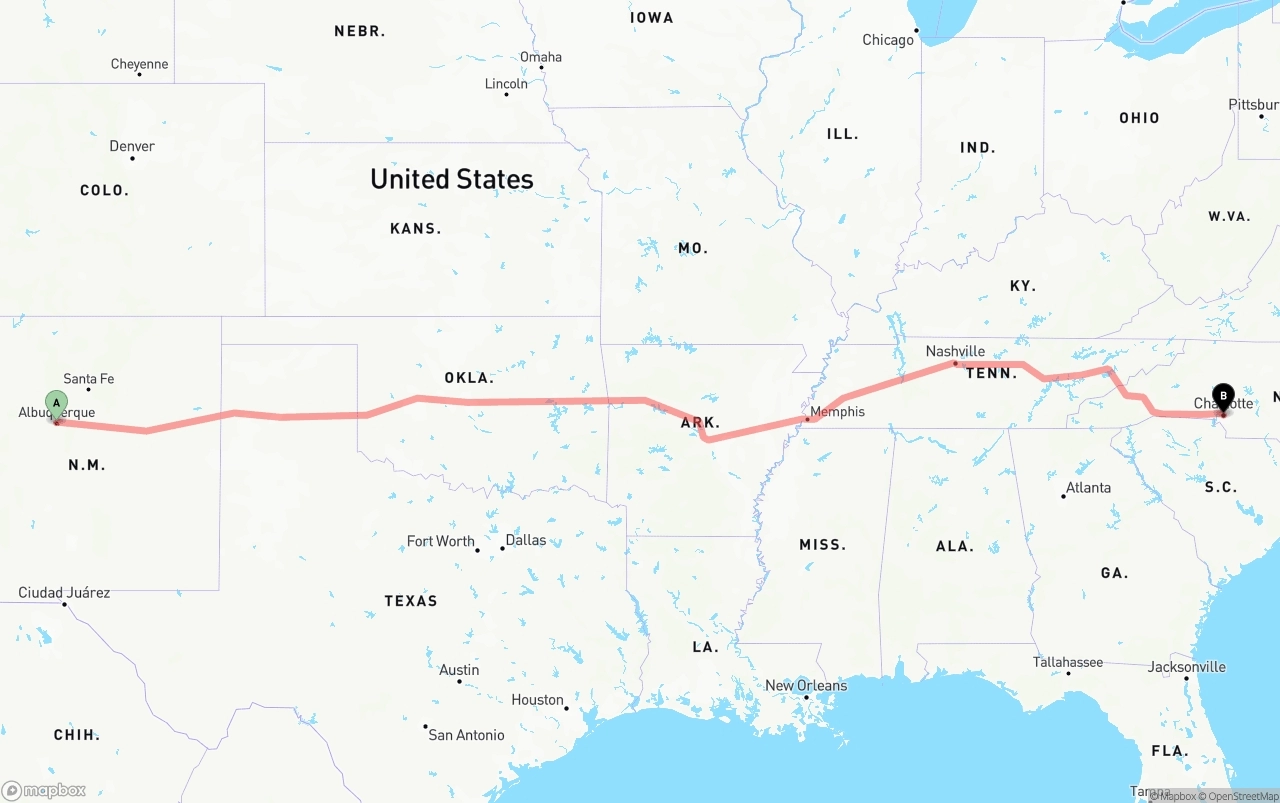 Shipping route from Albuquerque to Charlotte