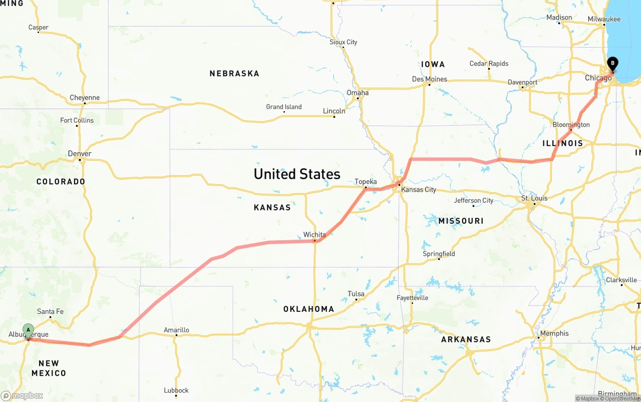Shipping route from Albuquerque to Chicago