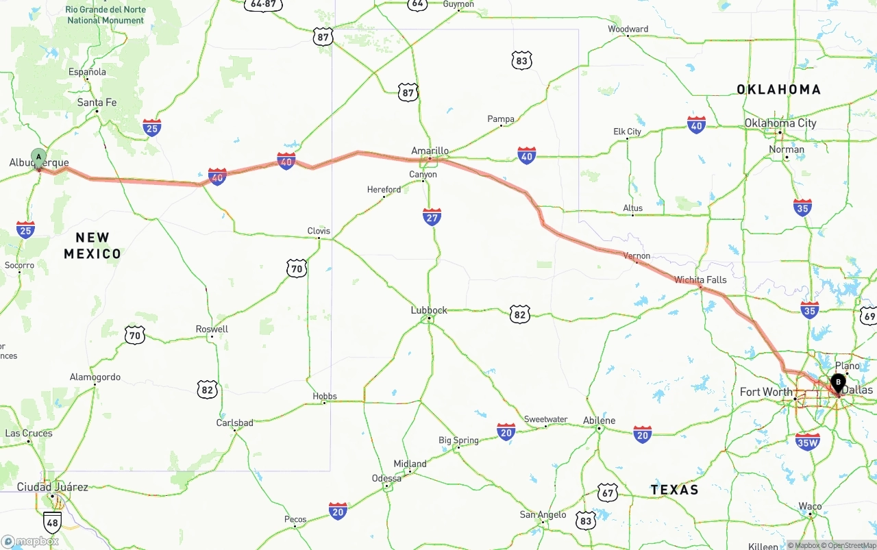 Shipping route from Albuquerque to Dallas