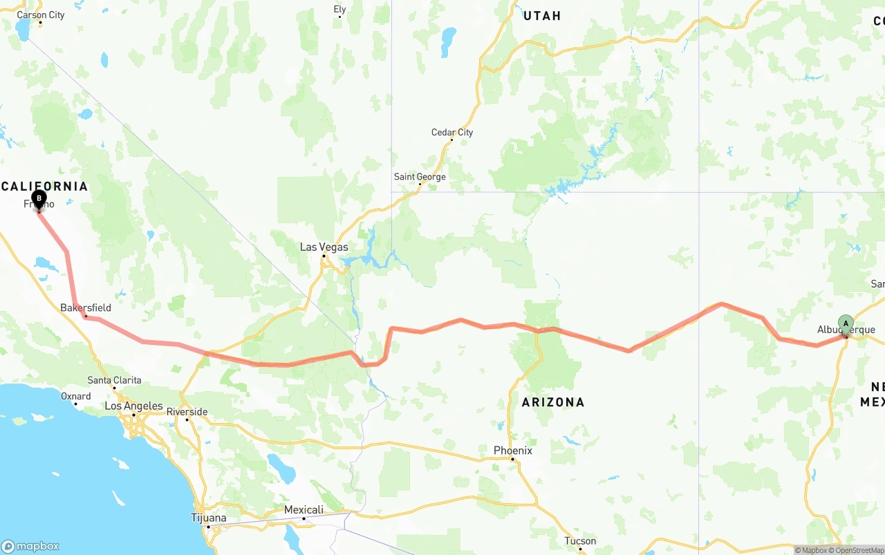 Shipping route from Albuquerque to Fresno