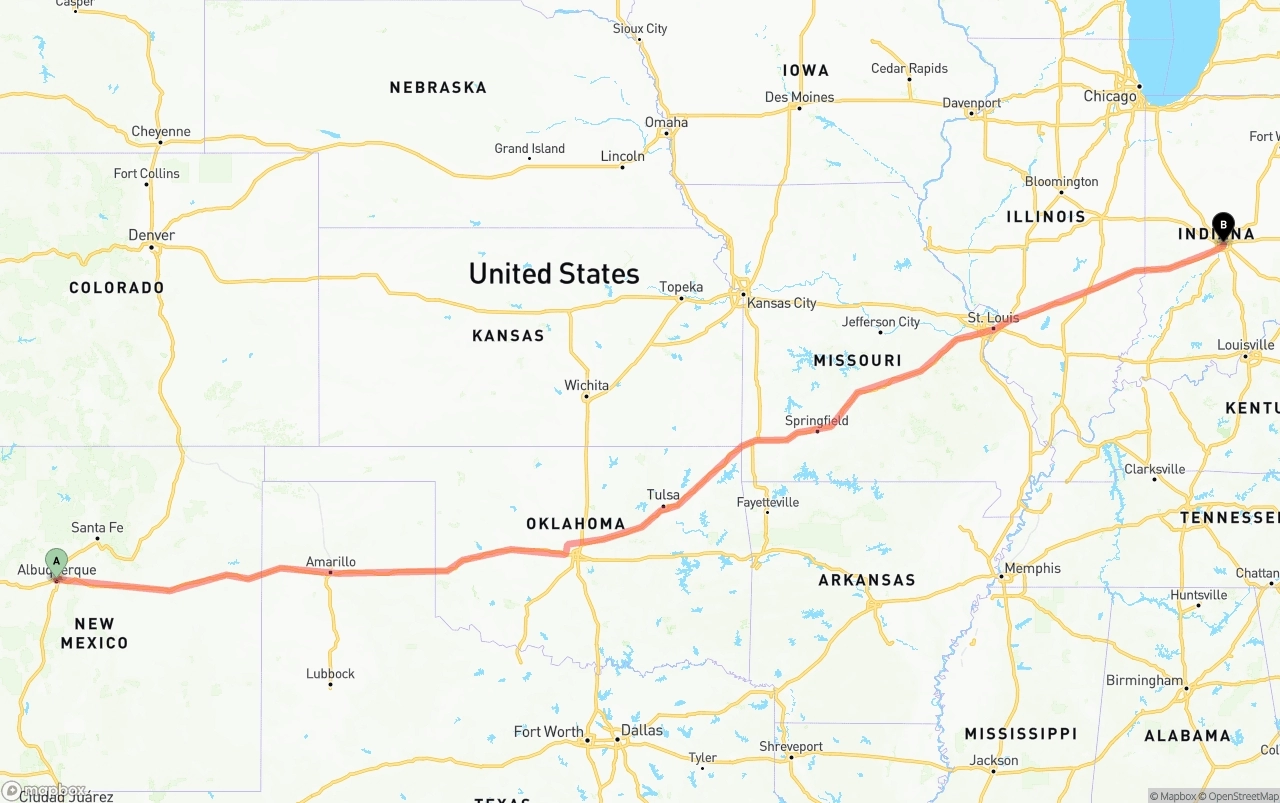 Shipping route from Albuquerque to Indianapolis