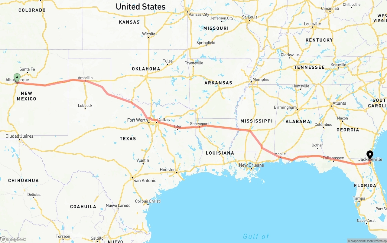 Shipping route from Albuquerque to Jacksonville International Airport