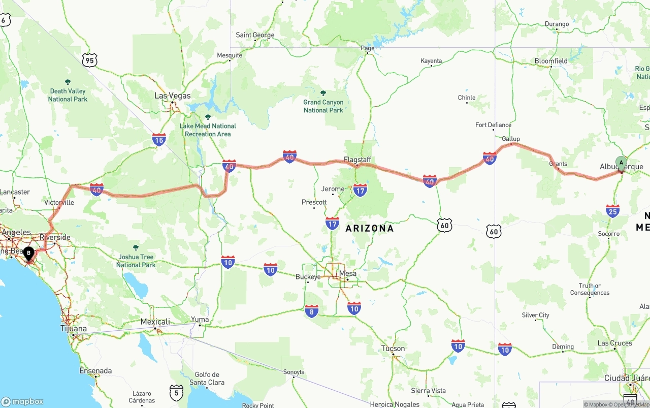 Shipping route from Albuquerque to John Wayne Airport — Orange County