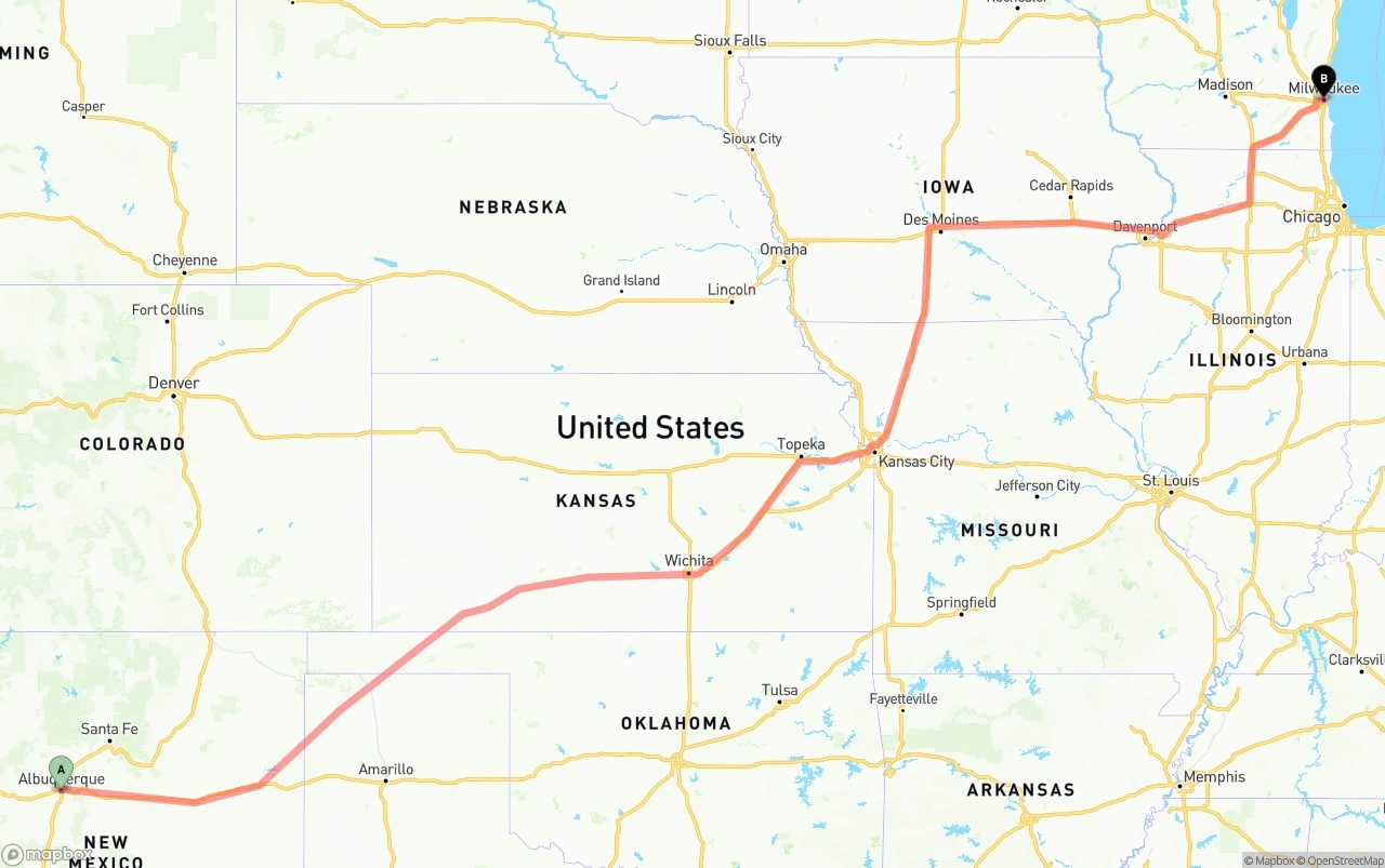 Shipping route from Albuquerque to Milwaukee
