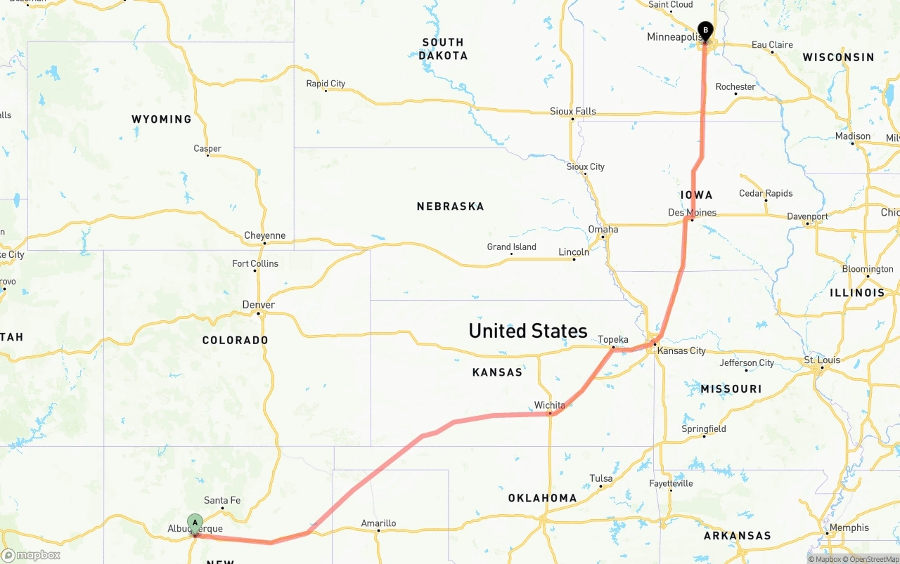 Shipping route from Albuquerque to Minneapolis