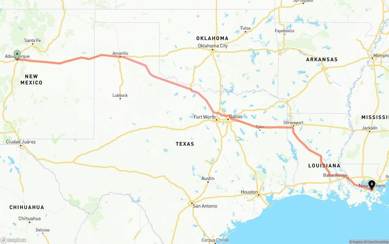 Shipping route from Albuquerque to New Orleans