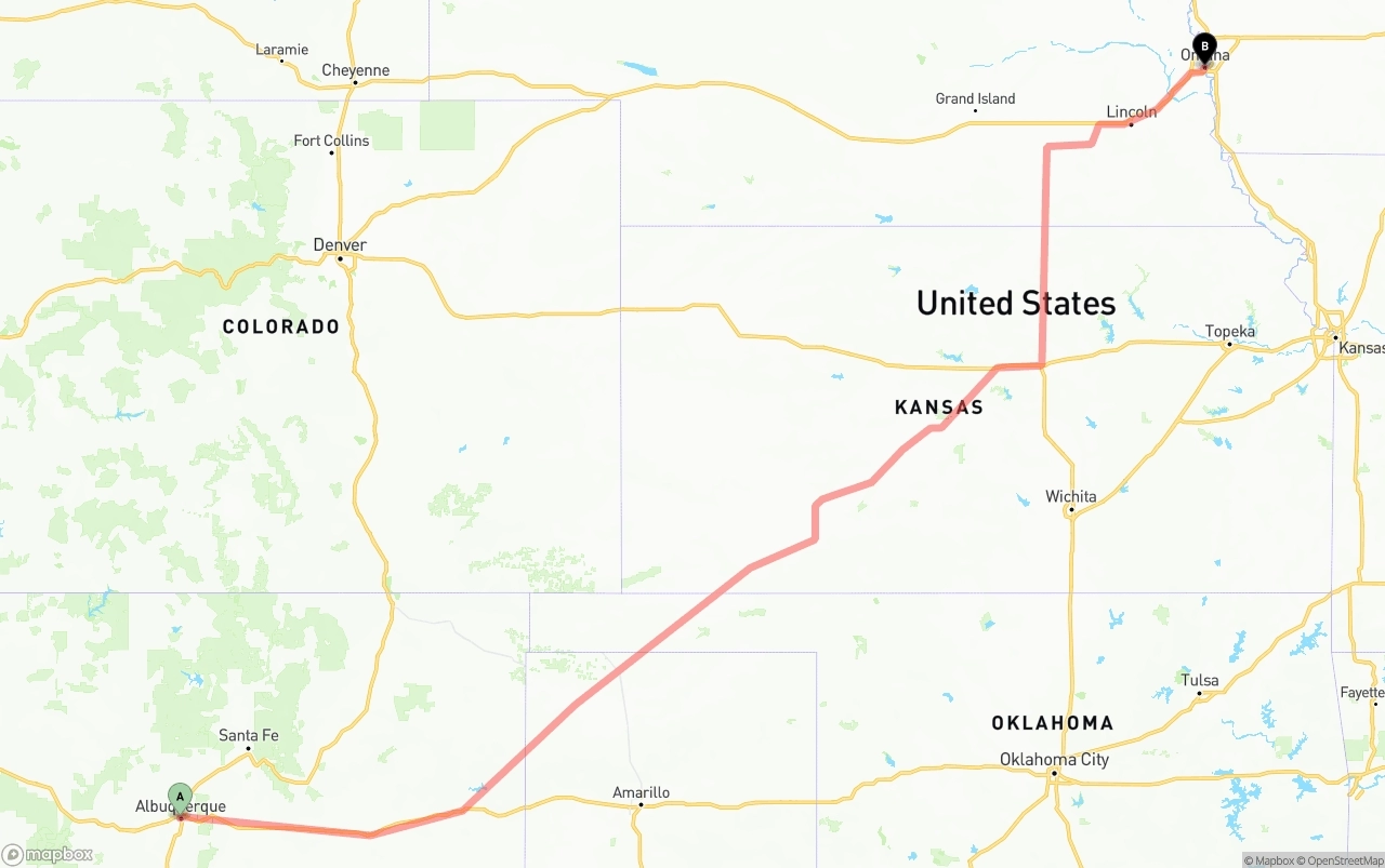 Shipping route from Albuquerque to Omaha