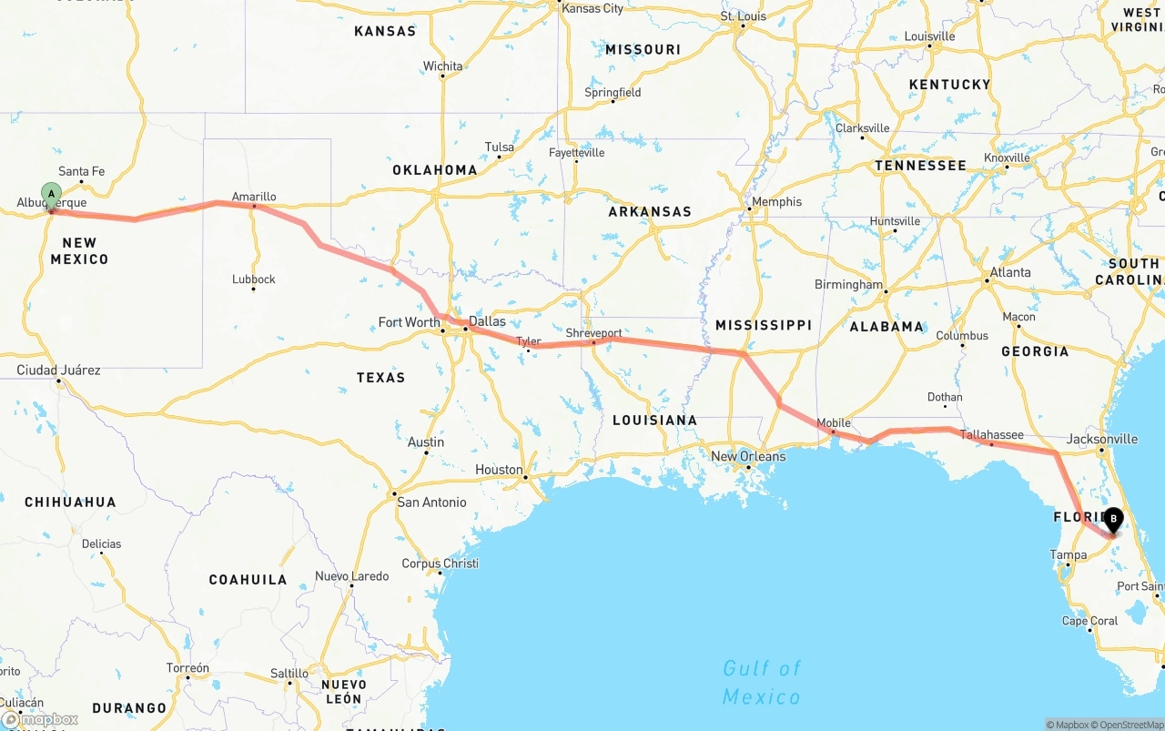 Shipping route from Albuquerque to Orlando