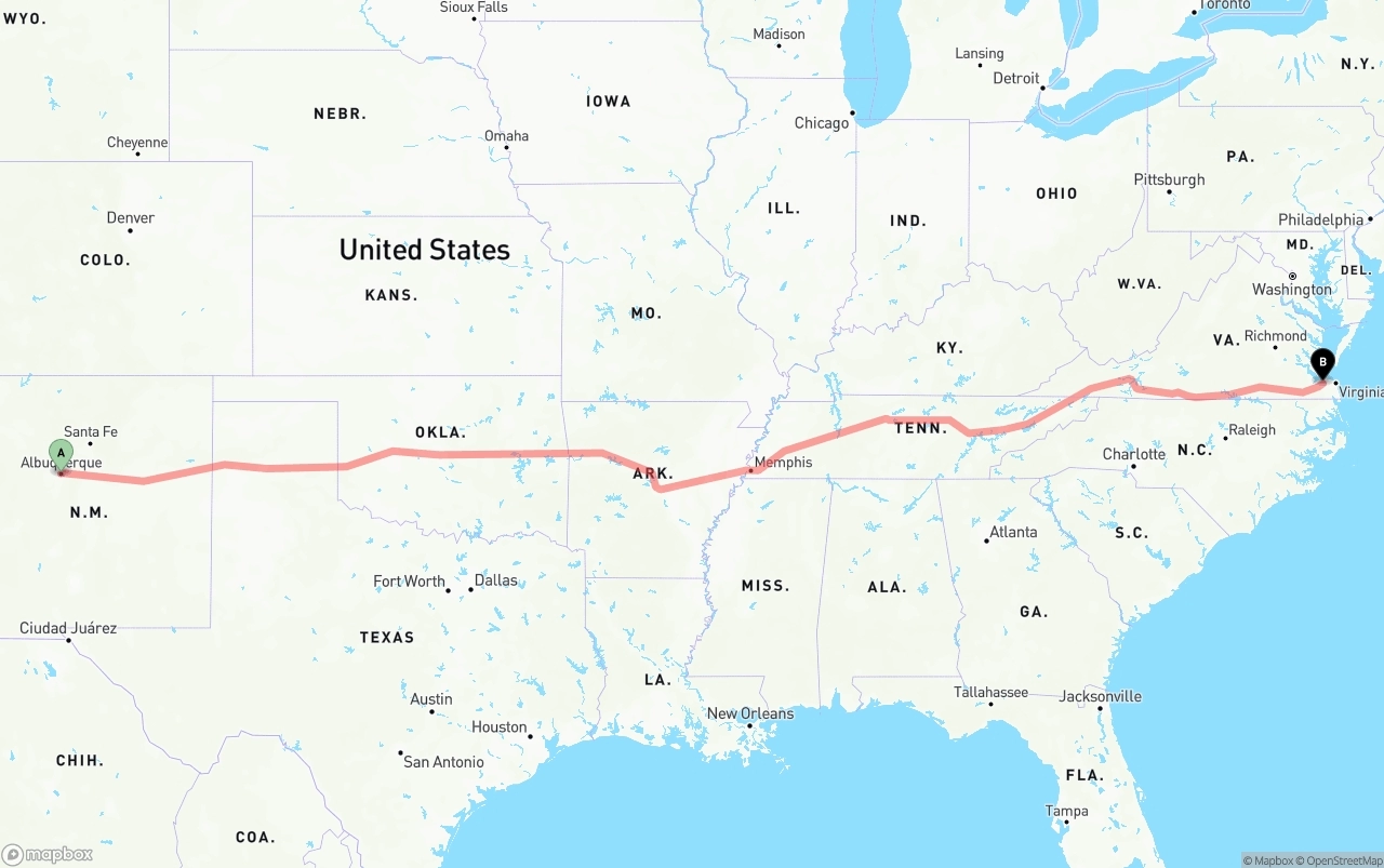 Shipping route from Albuquerque to Port of Norfolk
