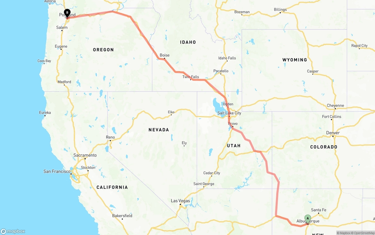 Shipping route from Albuquerque to Portland