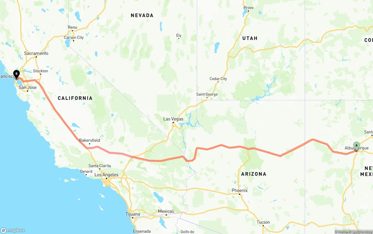 Shipping route from Albuquerque to San Francisco