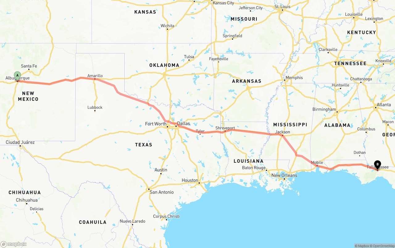 Shipping route from Albuquerque to Tallahassee