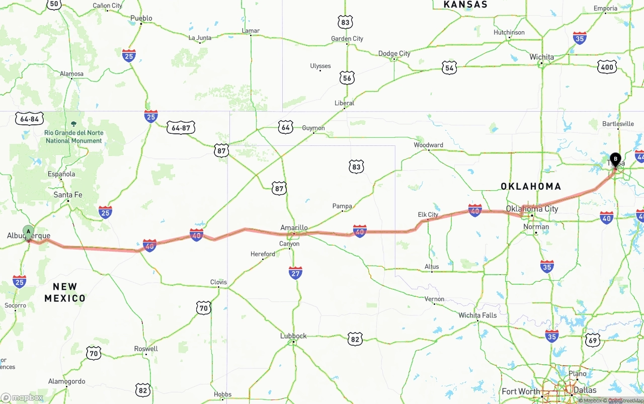 Shipping route from Albuquerque to Tulsa