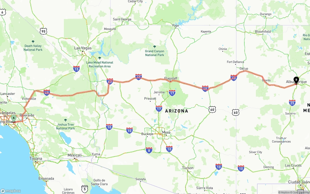 Shipping route from Anaheim to Albuquerque