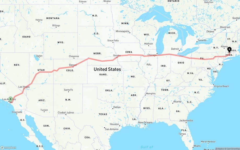 Anaheim to Bradley International Airport freight shipping route map