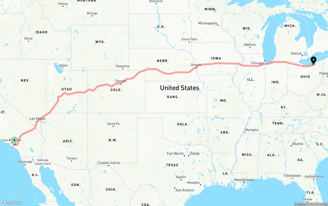 Shipping route from Anaheim to Cleveland