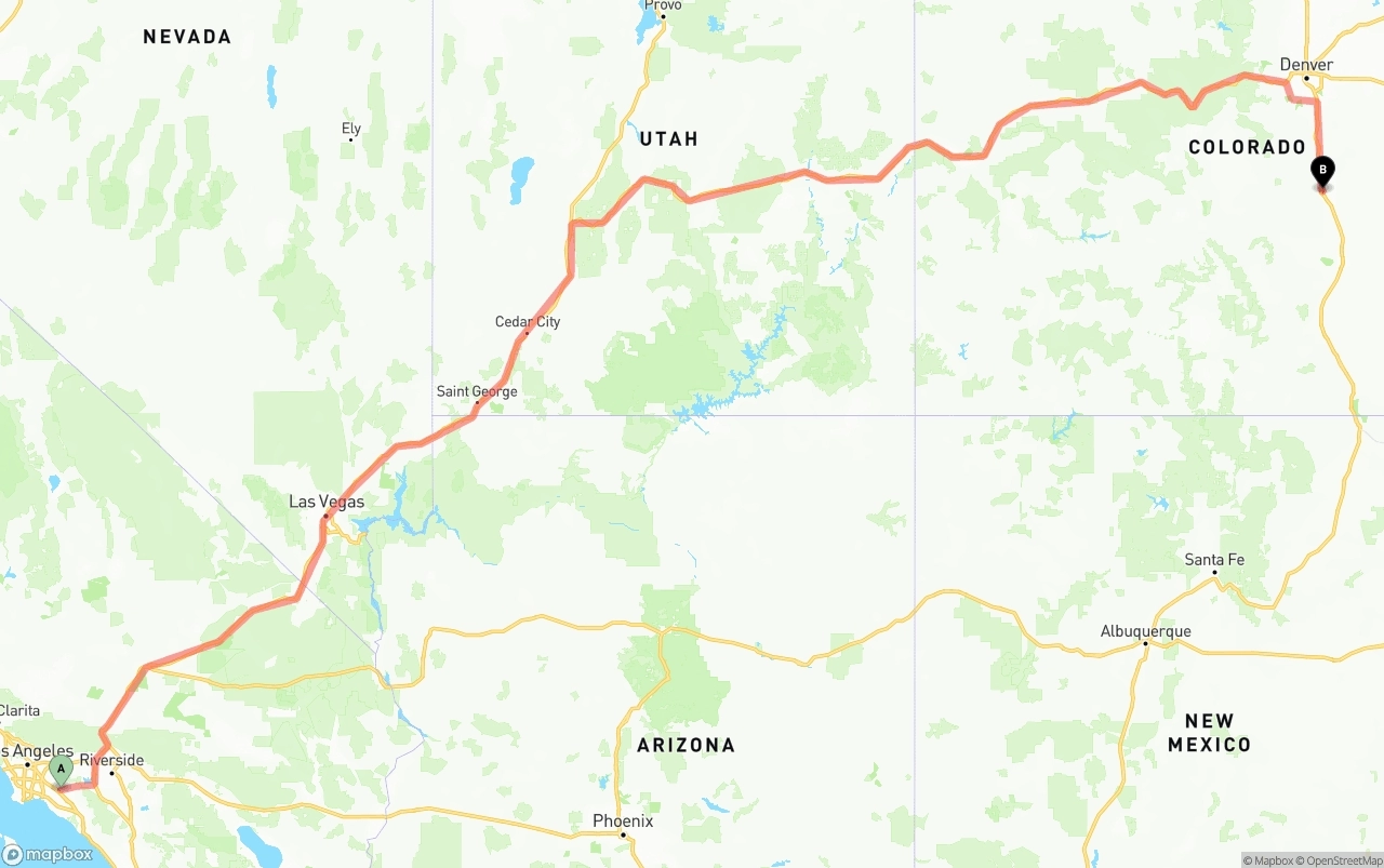Shipping route from Anaheim to Colorado Springs