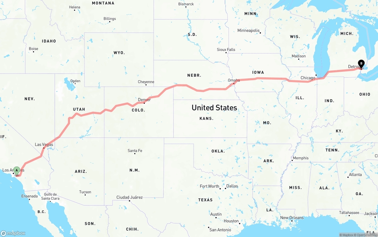 Shipping route from Anaheim to Detroit