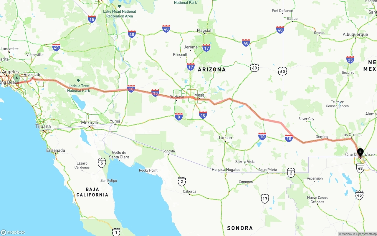 Shipping route from Anaheim to El Paso