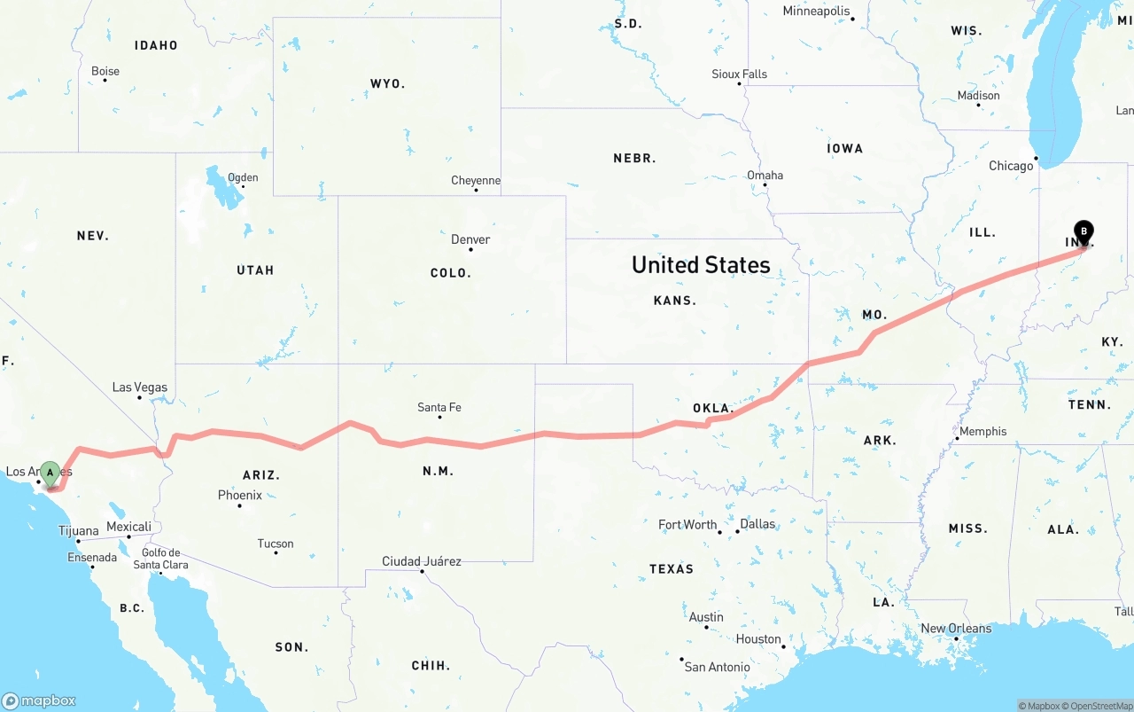 Shipping route from Anaheim to Indianapolis