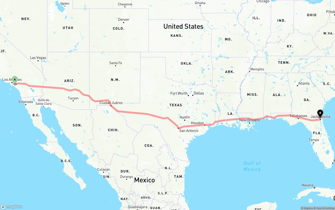 Shipping route from Anaheim to Jacksonville International Airport