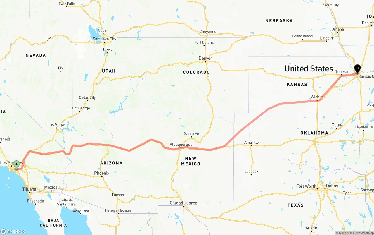 Shipping route from Anaheim to Kansas City