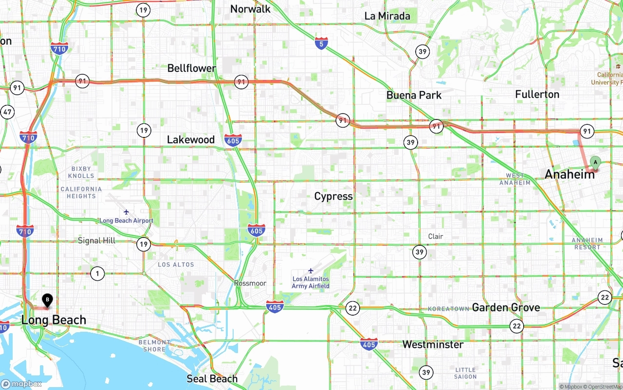 Shipping route from Anaheim to Long Beach