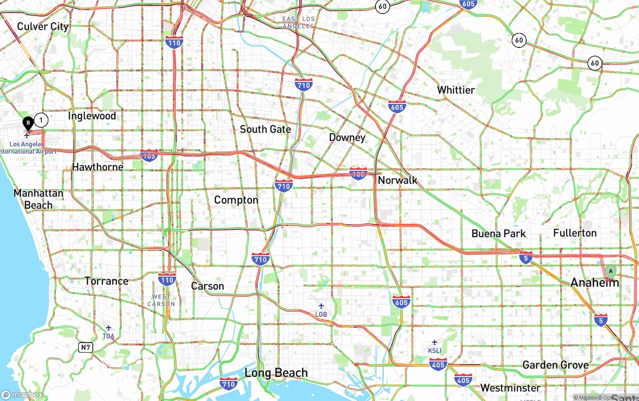 Shipping route from Anaheim to Los Angeles International Airport
