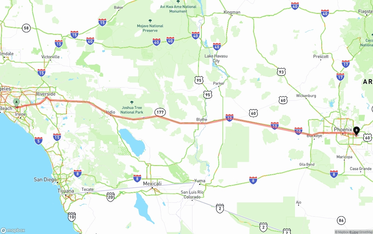 Shipping route from Anaheim to Mesa