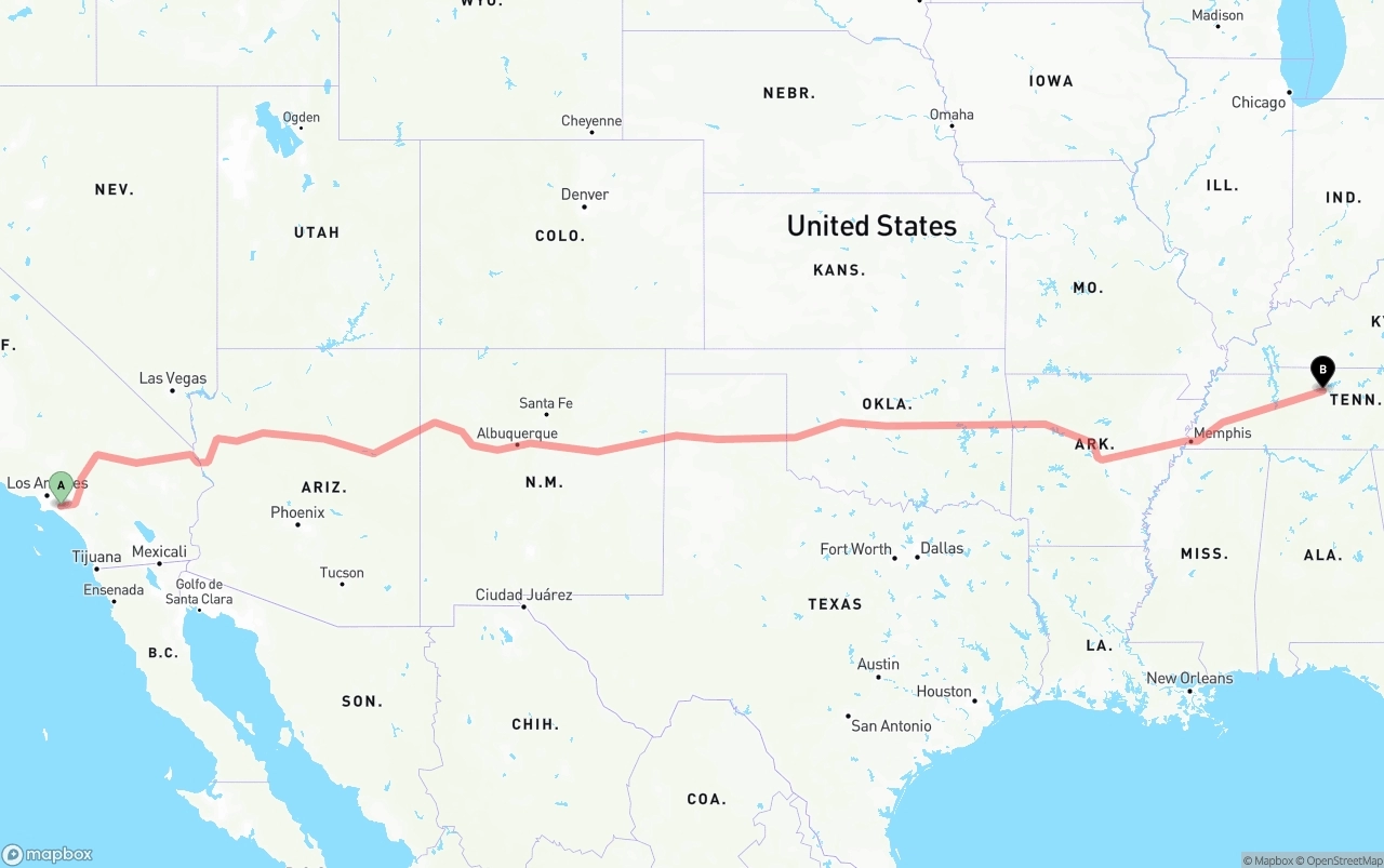 Shipping route from Anaheim to Nashville