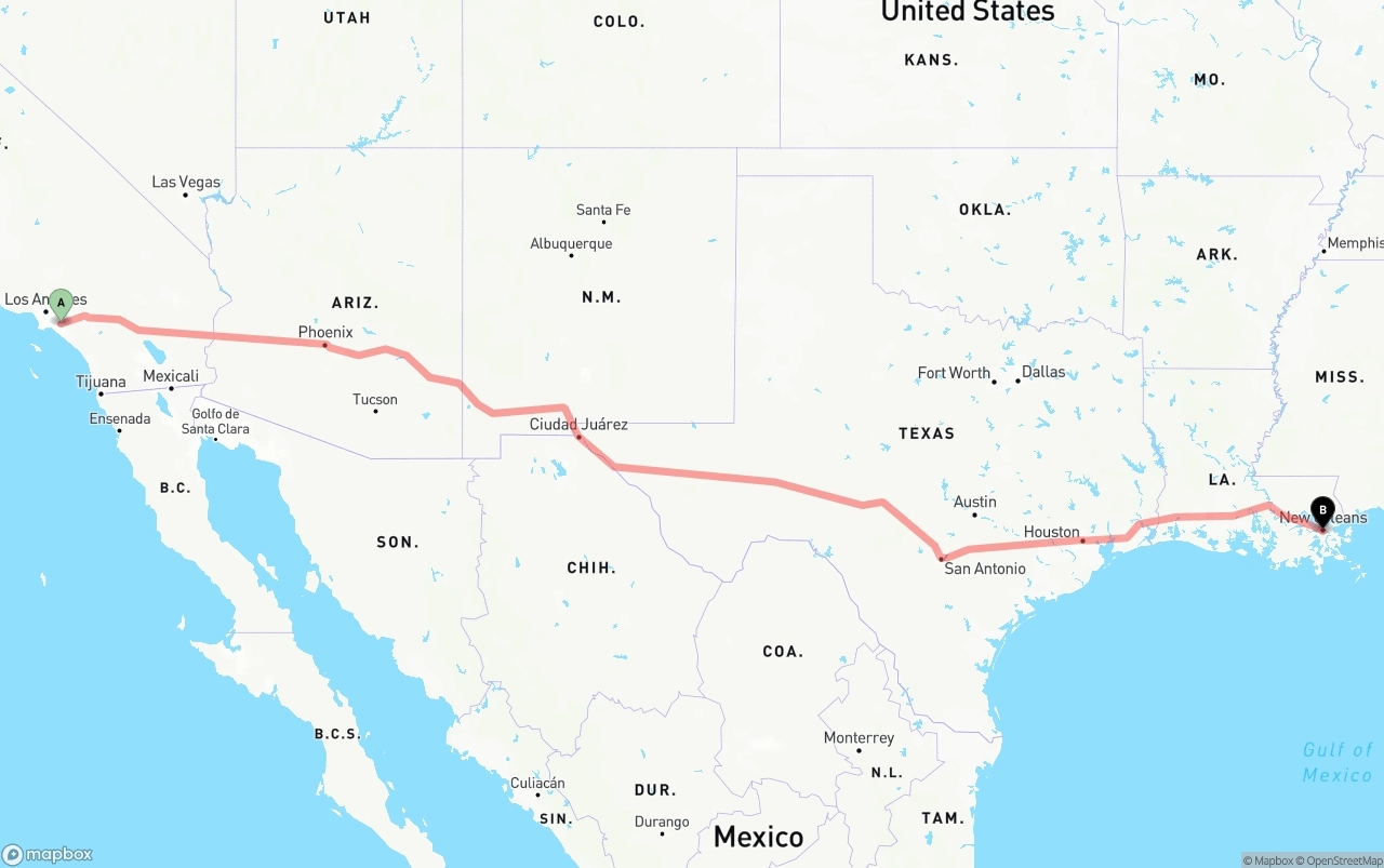 Shipping route from Anaheim to New Orleans