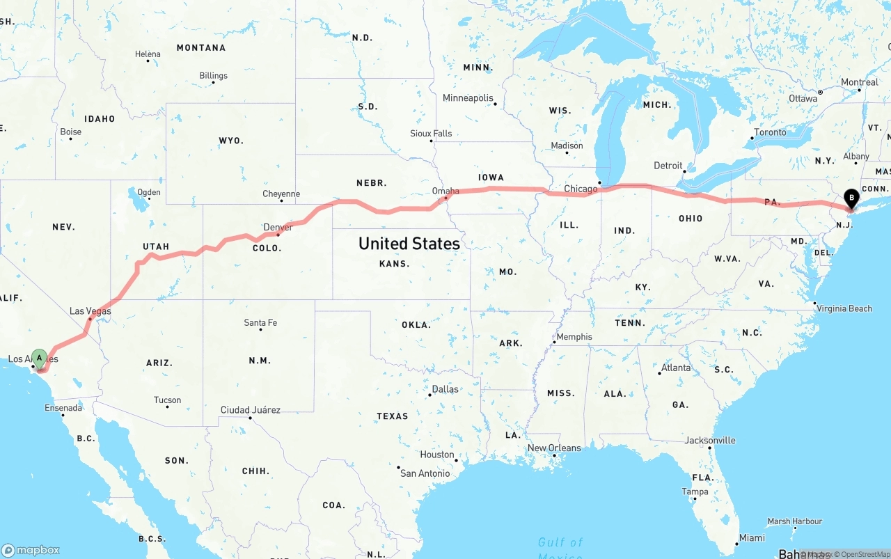 Shipping route from Anaheim to New York City