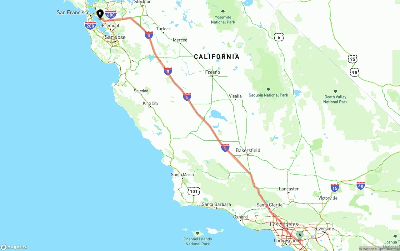 Shipping route from Anaheim to Oakland International Airport