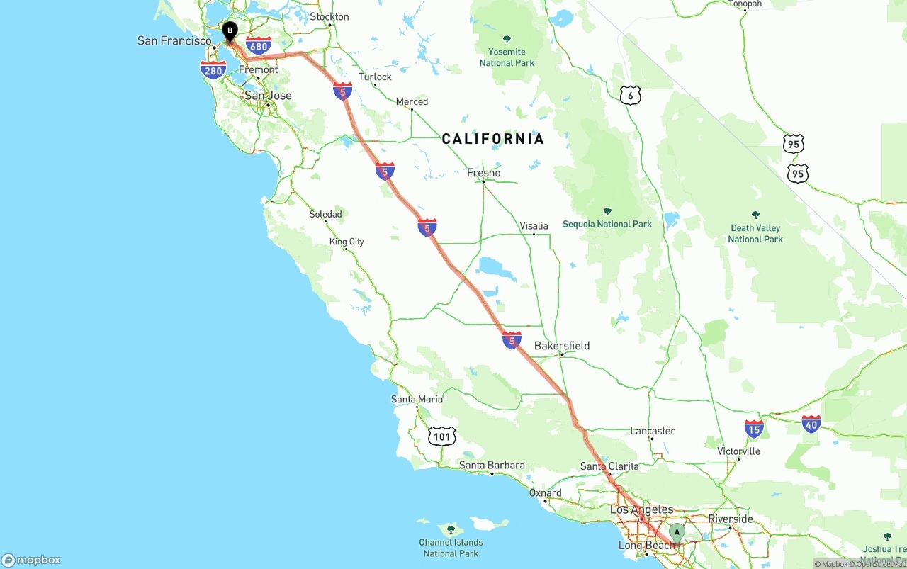 Shipping route from Anaheim to Oakland