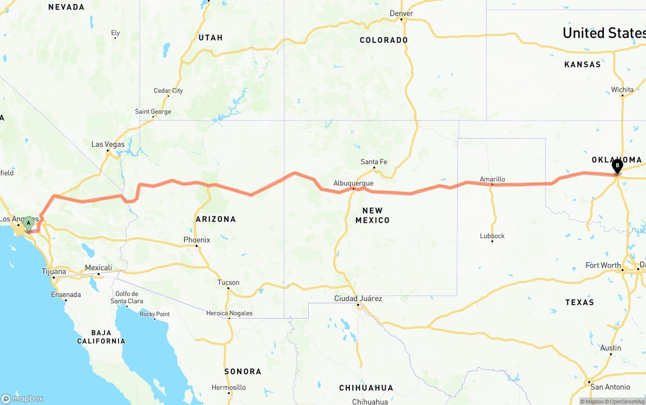 Shipping route from Anaheim to Oklahoma City