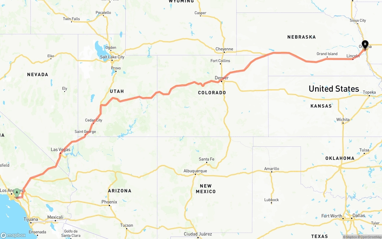 Shipping route from Anaheim to Omaha