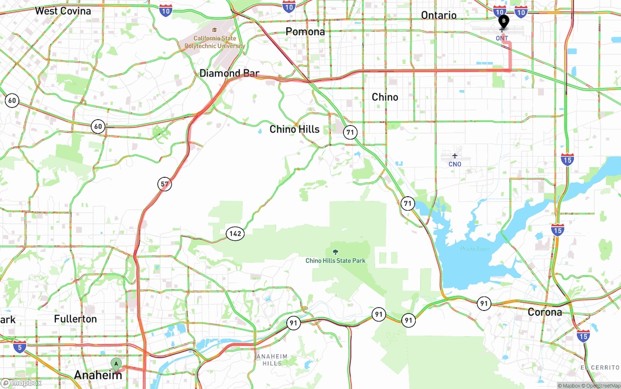 Shipping route from Anaheim to Ontario International Airport