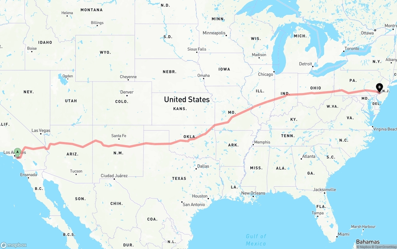 Shipping route from Anaheim to Philadelphia