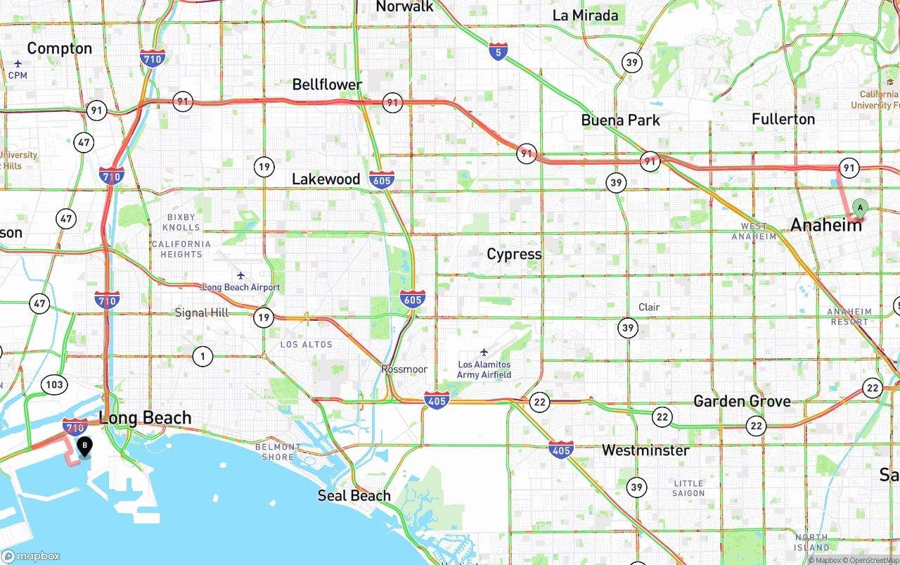 Shipping route from Anaheim to Port of Long Beach