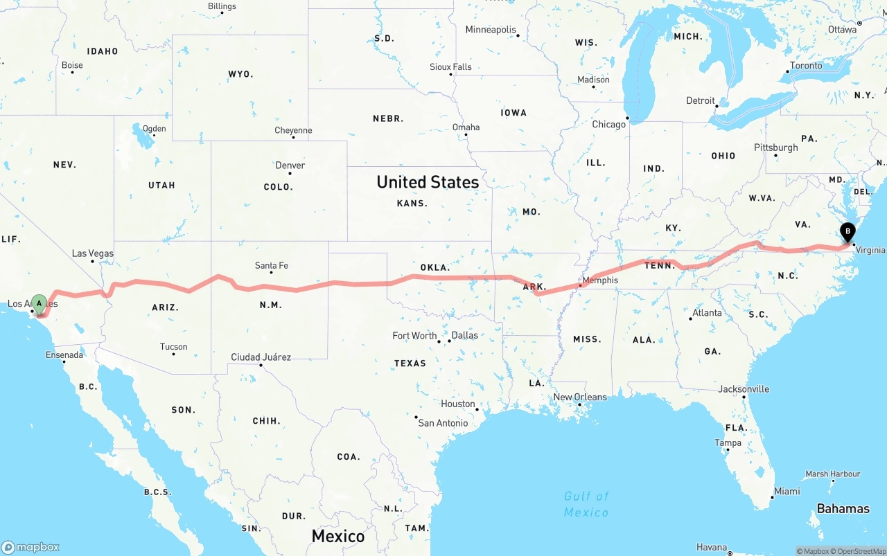 Shipping route from Anaheim to Port of Norfolk