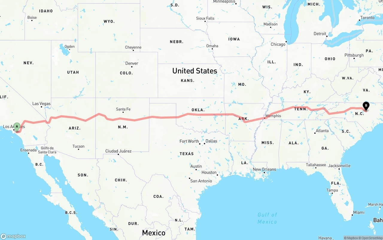 Shipping route from Anaheim to Raleigh