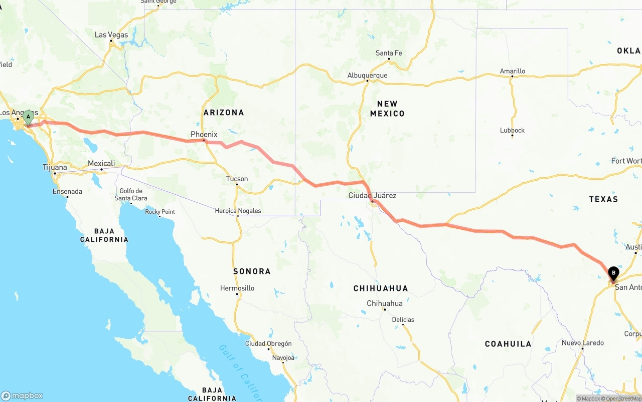 Shipping route from Anaheim to San Antonio