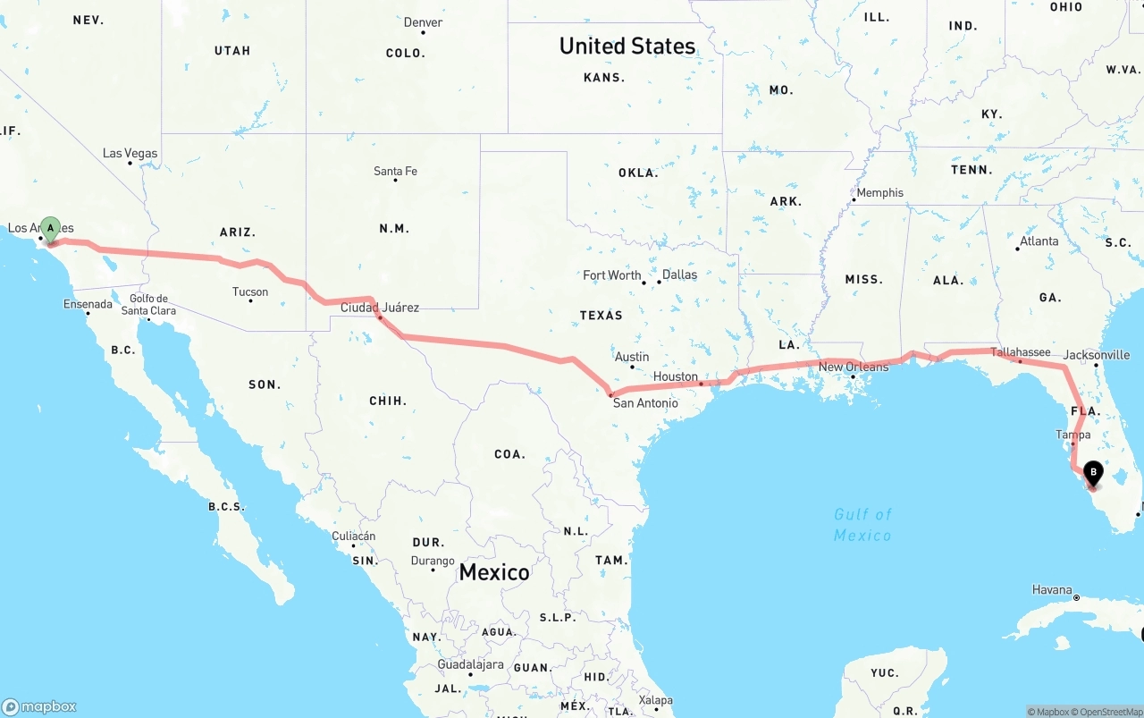 Shipping route from Anaheim to Southwest Florida International Airport